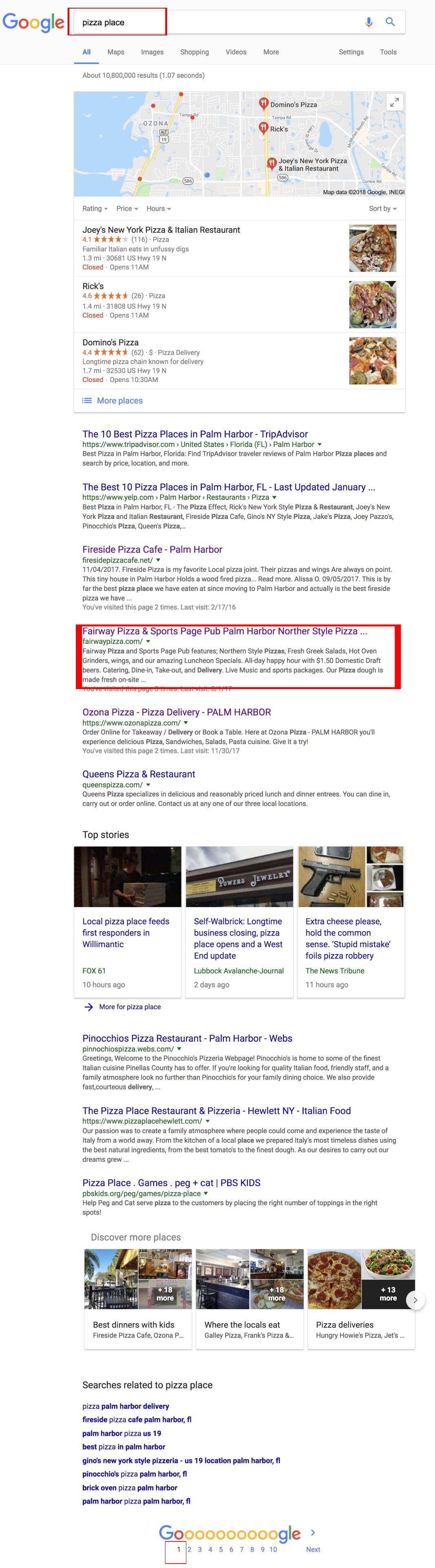 Google ranking pizza place
